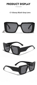 Three-angle view of Y2K oversized square sunglasses in glossy black C1 with gray lenses