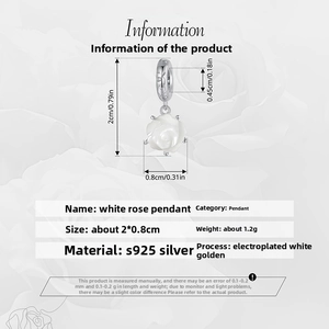 Macro detail of S925 sterling silver white rose charm showing size and material specs