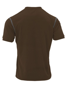 Detail view of the dark brown knitted texture and mesh structure of the men's polo shirt