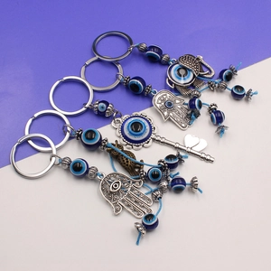 Evil Eye Alloy Keychain Blue Nazar Beads Hamsa Hand Elephant Owl Moon Charm Pendant Ethnic Turkish Amulet Protection Accessory