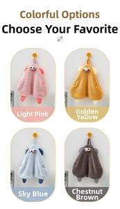 Detail of four cartoon animal hand towels in pink, yellow, blue, and brown hanging on hooks