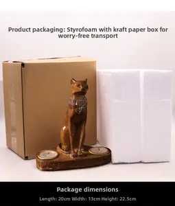Detail of Bastet cat goddess candle holder showing wood texture and protective packaging