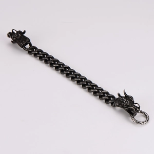 Vintage stainless steel Cuban link bracelet for men with double dragon head clasp