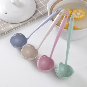 Set of 4 colorful wheat straw 2-in-1 soup and strainer spoons with long handles