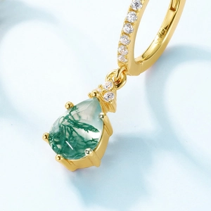 S925 silver gold-plated hoop earrings featuring a pear-cut green moss agate stone