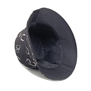 Close-up of black bucket hat showing graffiti letters and reinforced brim stitching