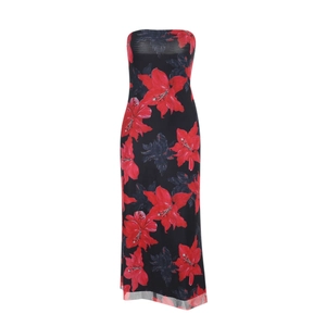 Detail of red floral print on sheer black mesh fabric of the strapless maxi dress