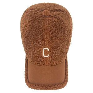 Brown sherpa baseball cap with white embroidered C letter for autumn and winter fashion