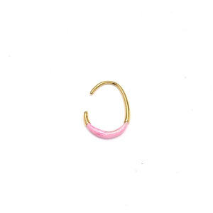 Detail of U-shaped gold earrings with pink marble enamel texture on white background