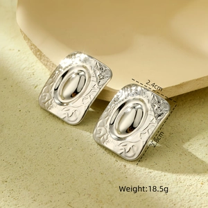 Detailed view of silver rectangular stainless steel earrings with size 2.4x2.8cm