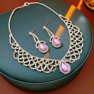 Rhinestone Hollow Mesh Waterdrop Necklace And Earrings Jewelry Copper Vintage Luxury Wedding Party Jewelry For Women