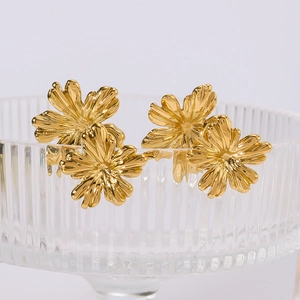 Detailed close-up of 18K gold plated flower earrings with radial textures on glass