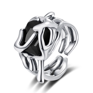 Vintage Irregular Molten Metal Copper Ring With Black Zirconia For Women Exaggerated Gothic Adjustable Open Index Finger Ring