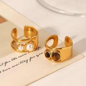 Vintage stainless steel open rings with white pearl and tiger eye stone in gold finish