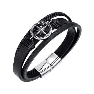 Men's multilayer black braided leather bracelet with silver compass charm and magnetic clasp