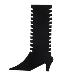 Sleek black stiletto high heel boots with pointed toe and unique scalloped edge design