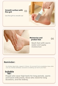 Dual-sided foot file usage guide showing skin exfoliation and moisturizing steps