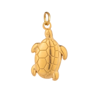 Detailed close-up of a golden turtle pendant charm made from durable titanium steel