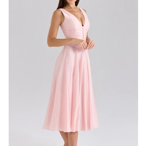 Pink sleeveless V-neck maxi dress with button front detail and a-line cinched waistline