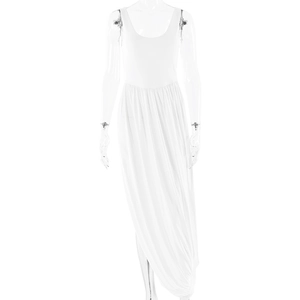 Detail view of the white sleeveless U-neck maxi dress with elegant draped pleated hem