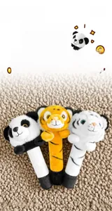 Detailed plush animal batons featuring cute panda, yellow tiger, and white tiger characters