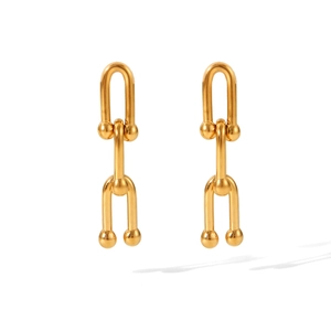 Boucles d'oreilles pendantes à maillons en U dorés avec trois maillons en fer à cheval