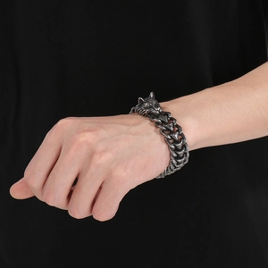 Bracelet punk tête de loup pour homme en acier inoxydable argenté antique robuste