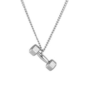 Polished silver dumbbell necklace in stainless steel with engraved inspirational text