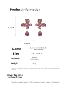 Detailed view of butterfly drop earrings with pink rhinestones and 4.6cm length dimension