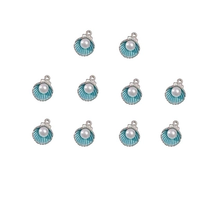 Set of 10 blue shell alloy pendants with white pearls for DIY jewelry making