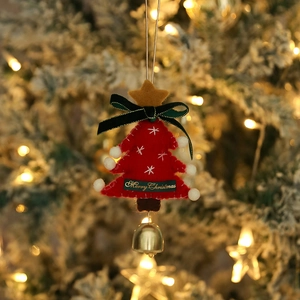 Handmade red felt Christmas tree pendant with golden star, bell and holiday lights