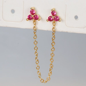 Golden flower chain earrings featuring pink zircon stones and delicate tassel link