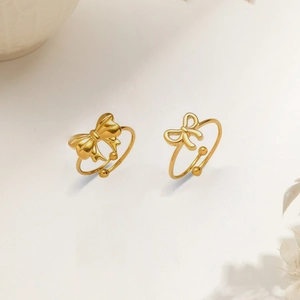 18k gold plated stainless steel bow rings with adjustable open band for women