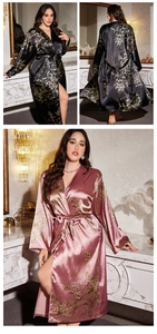 Detailed views of floral satin robes in black and pink with elegant waist tie and V-neckline
