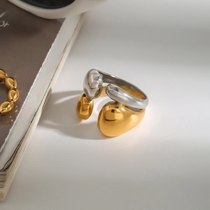 Minimalist two-tone streamline stainless steel ring with high-polished gold and silver finish