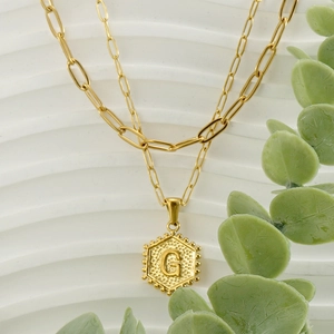 18K gold plated double layer paperclip chain necklace with hexagonal letter G pendant