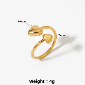 Detail view of gold double heart open ring with 10mm and 7mm polished heart charms