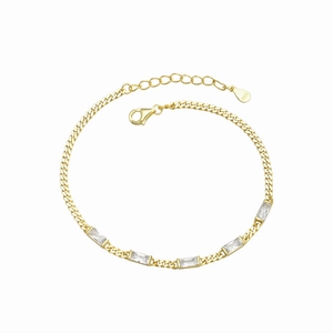 Elegant S925 sterling silver gold bracelet with five rectangular cubic zirconia stones
