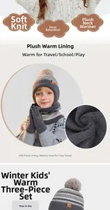 Detail of children's grey knit beanie, scarf, and gloves set with thick fleece lining
