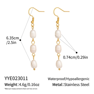 Detail showing dimensions of 18K gold plated stainless steel pearl drop earrings