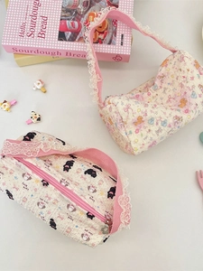 Cylindrical canvas handbag with cute cartoon animal prints and pink lace strap detail