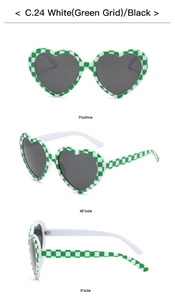 Triple-angle views of heart-shaped sunglasses with green and white checkered frames