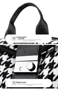 Detail des Hahnentritt-Rucksacks mit silbernem Drehverschluss und schwarzem Griff