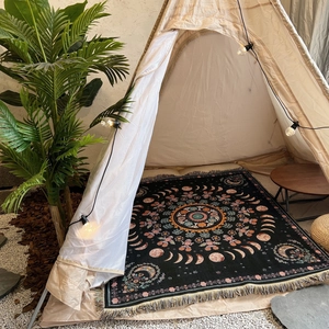 Bohemian mandala and moon phase woven throw blanket with fringe for camping and home decor