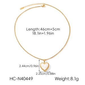 Detailed size chart for heart pendant necklace with white shell inlay and gold chain