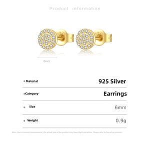 Detailed view of 925 sterling silver 6mm round stud earring with white zircon inlay