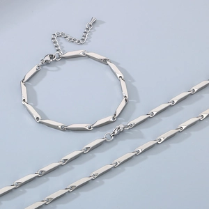 Polished stainless steel bamboo chain necklace and bracelet set in silver finish