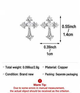 Detailed view of silver-tone copper cross earrings with heart zircon and size specifications