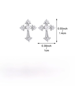 Detailed view of silver-tone copper cross earrings with heart zircon and size specifications