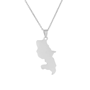 Detail shot of a polished stainless steel Haiti map pendant necklace in silver finish